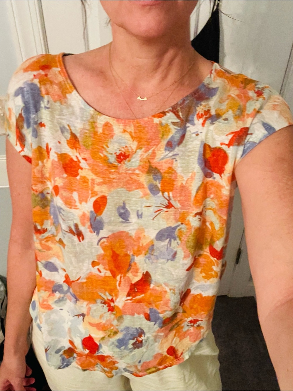 Joie Floral Cap-Sleeve Linen Blouse in Orange, Lavender and Cream